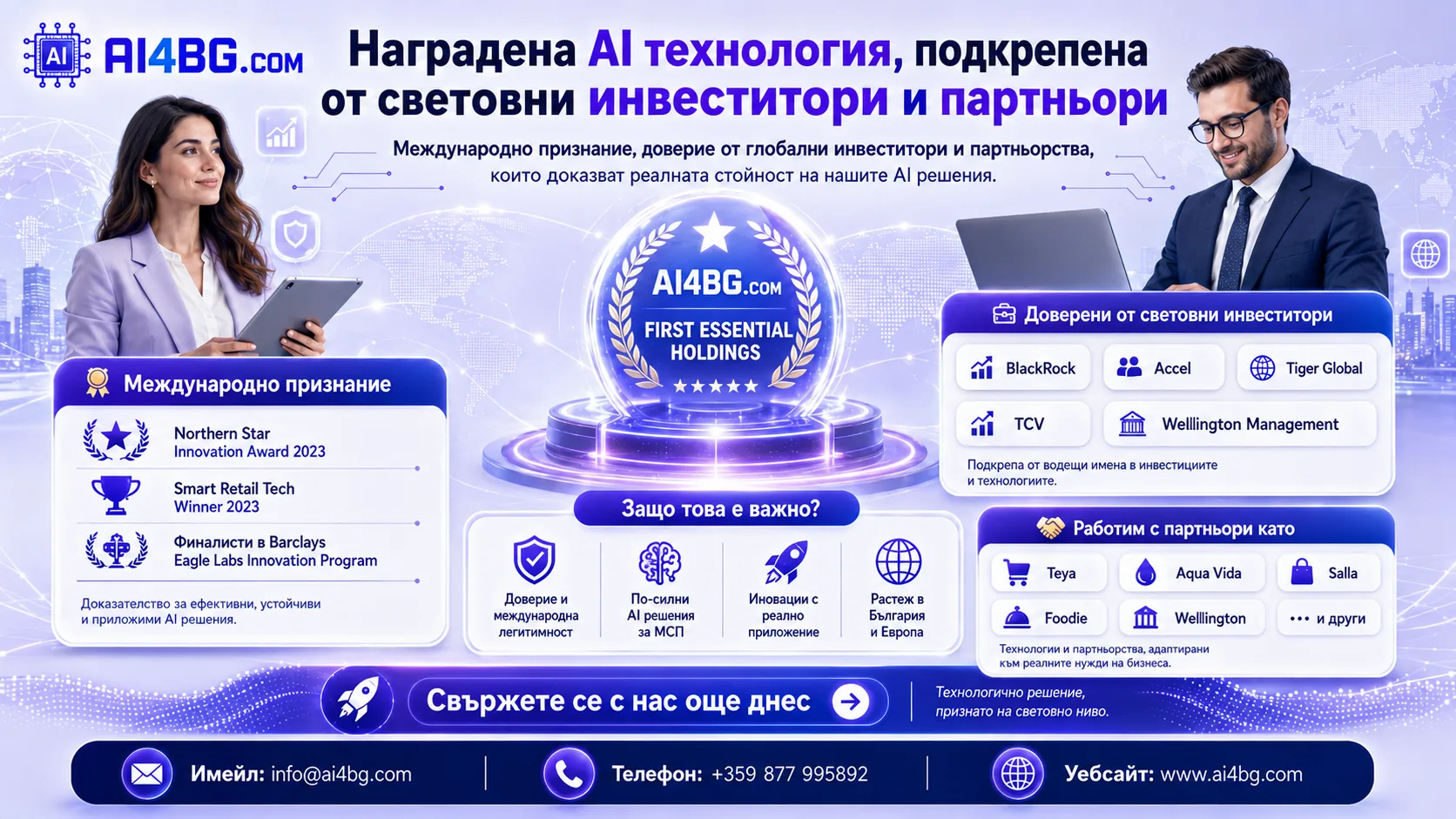 Наградена AI технология, подкрепена от световни инвеститори и партньори